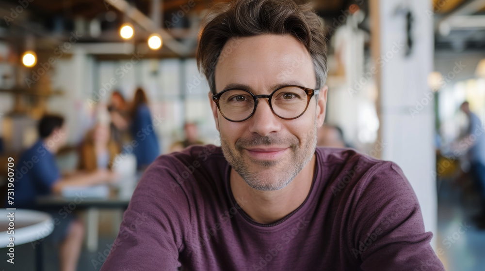 A smiling man with glasses is sitting in a casual office setting, exuding confidence and satisfaction. A smiling man with glasses is sitting in a casual office setting, exuding confidence and satisfaction.