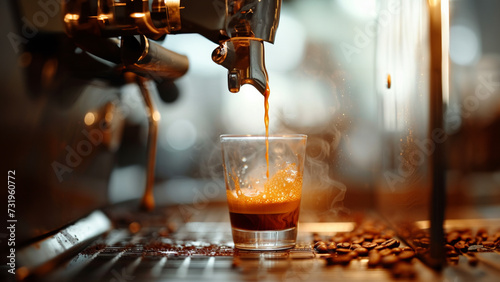 Espresso pouring from coffee machine at cafe, Closeup of an espresso coffee shot being brewed from an espresso machine.