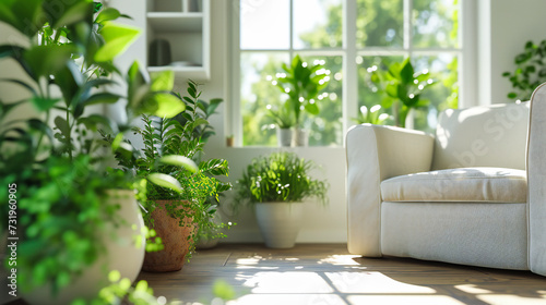 A cozy corner with indoor plants by the window, reflecting a peaceful and green living space at home photo