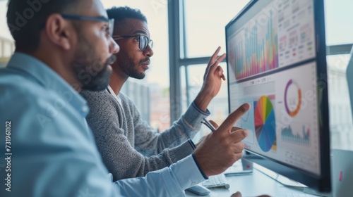 Two professionals are engaged in a discussion over a computer displaying colorful analytical graphs, suggesting a collaborative business meeting or data review session.