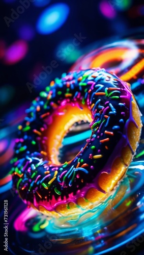 A close-up image showcases vibrant frosted donuts adorned with multicolored sprinkles, resting on a glossy surface that reflects their vivid hues. © OlScher