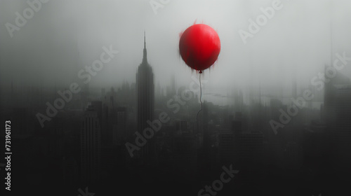 a red ball with a thread hovered over the depressingly gray city, and only it colors the sadness in the image photo