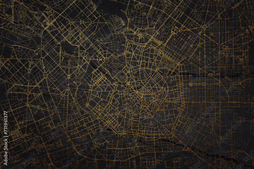 City of Milan Italy Map, Milan City Map Black Gold. Golden streets of the city Milano in the north of Italy.