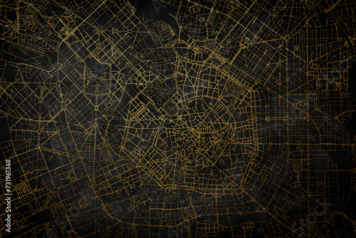 City of Milan Italy Map, Milan City Map Black Gold. Golden streets of the city Milano in the north of Italy.