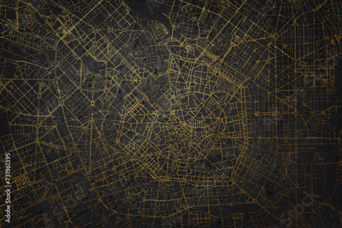 City of Milan Italy Map, Milan City Map Black Gold. Golden streets of the city Milano in the north of Italy. photo