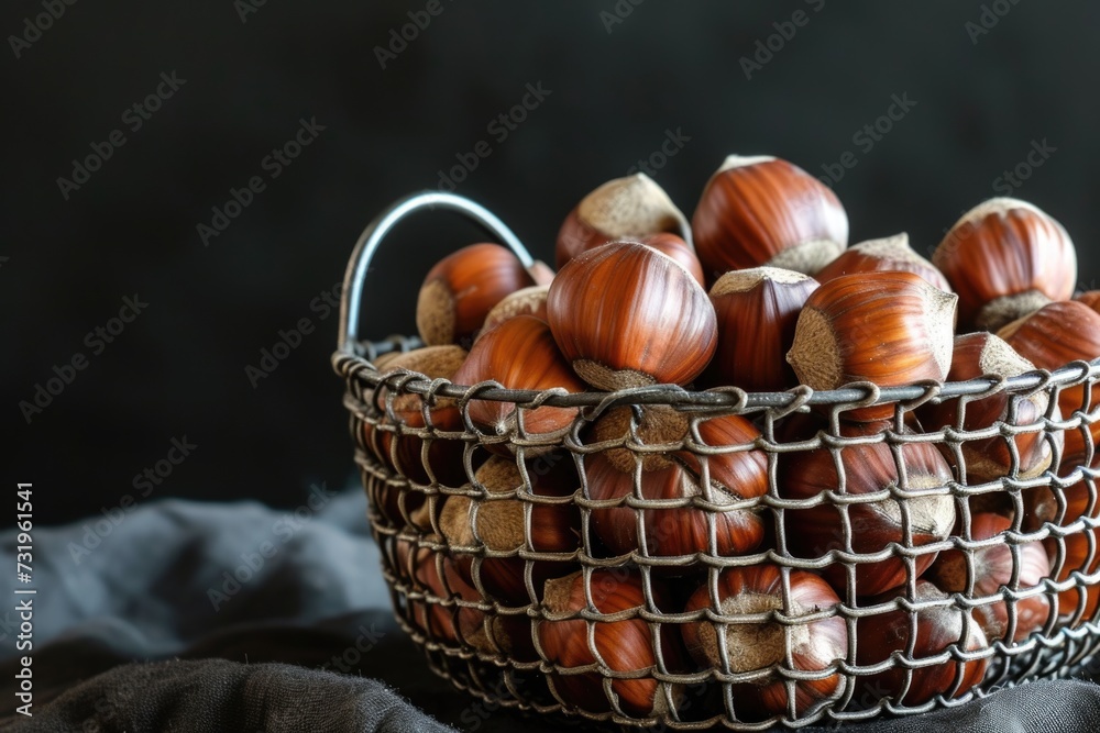 Fresh hazelnuts in a metal wire basket. Fresh hazelnuts in a metal wire basket.