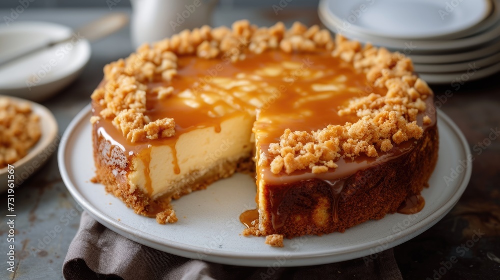 Caramel cheesecake with crumble topping on a plate. Caramel cheesecake with crumble topping on a plate.