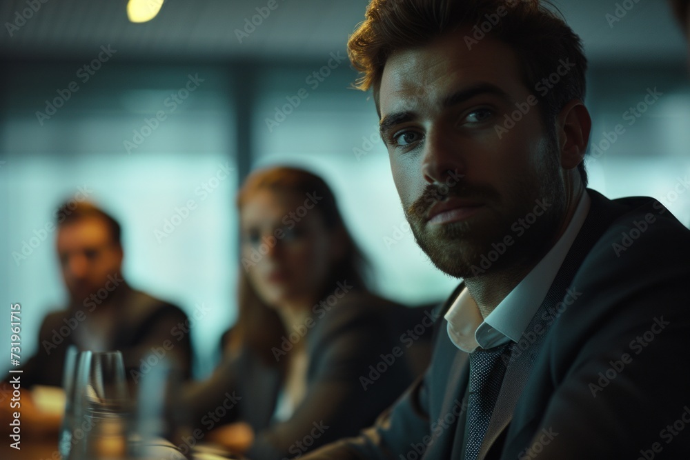 Corporate focus, a man's determined gaze amidst a meeting, speaks of leadership and decision.

