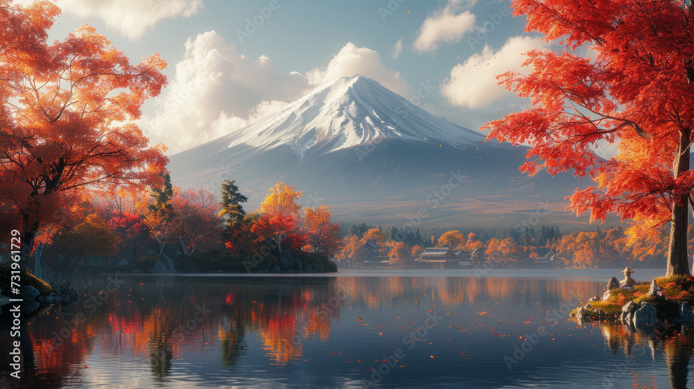 Autumn in Japanese garden fuji moutain background,generative ai - obrazy, fototapety, plakaty 