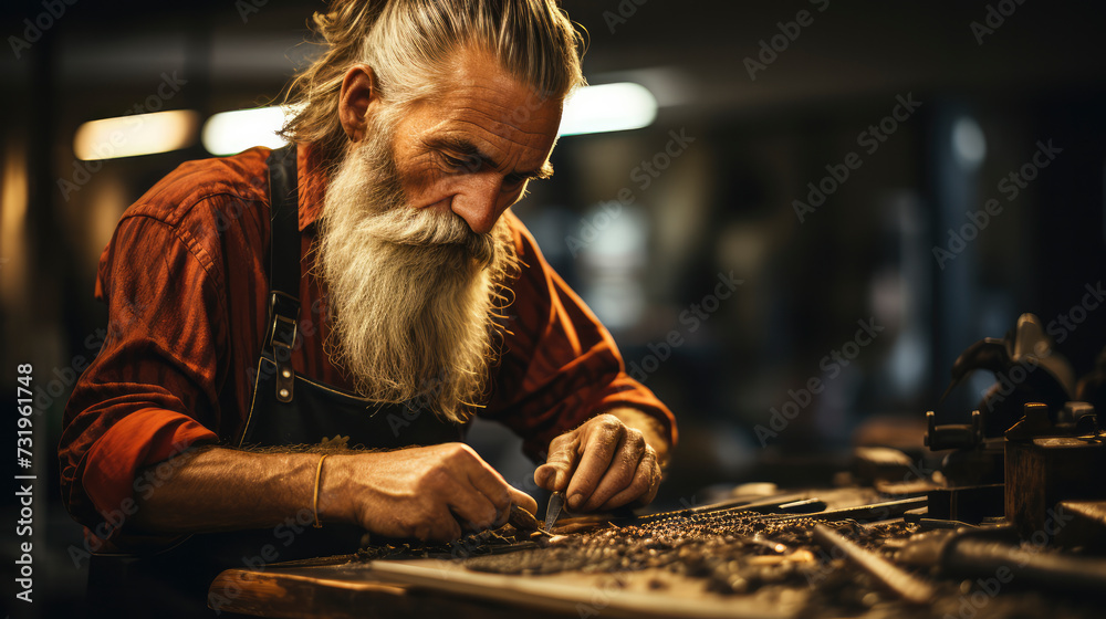 Old man working in workshop, long grey beard
