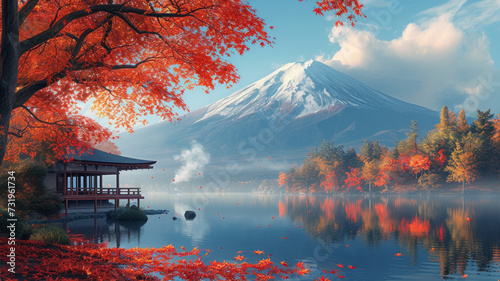 Autumn in Japanese garden fuji moutain background,generative ai photo