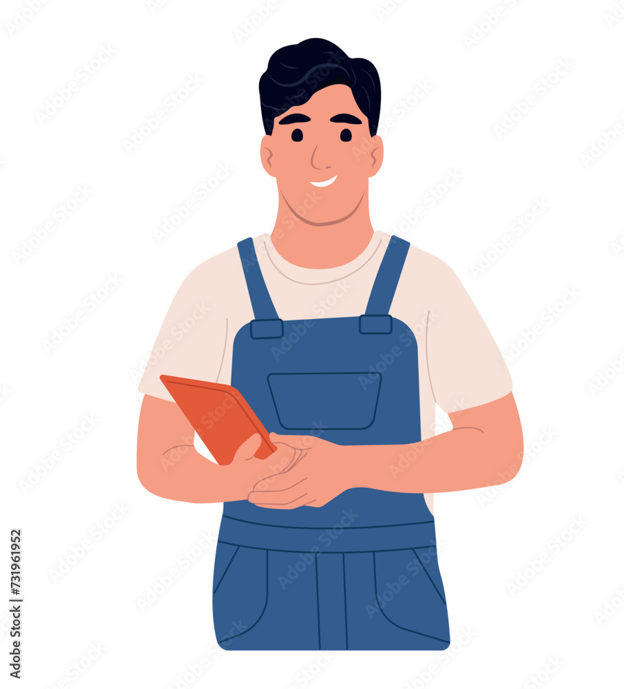 Happy positive employee holding digital tablet. Employee appreciation day. Vector flat illustration Happy positive employee holding digital tablet. Employee appreciation day. Vector flat illustration