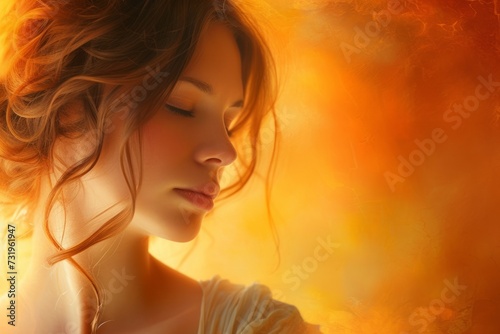 A woman stands enveloped in golden haze, her profile a silhouette of grace against the fiery whisper of dawn.