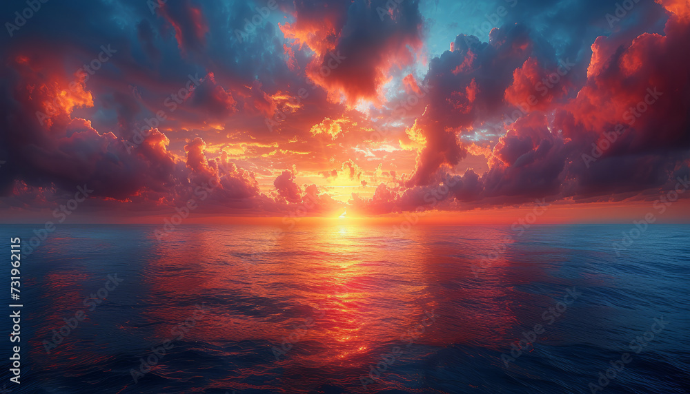 Beautiful sunset at sea and dramatic clouds on background, generative ai. - obrazy, fototapety, plakaty 