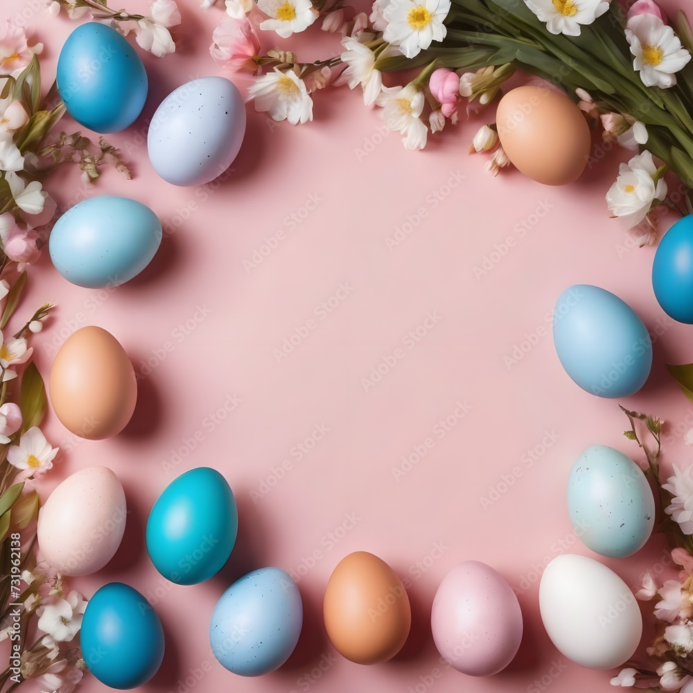 Stylish easter eggs and spring flowers border on pink paper flat lay, space for text. Modern natural dyed blue and marble easter eggs. Happy Easter. Greeting card template