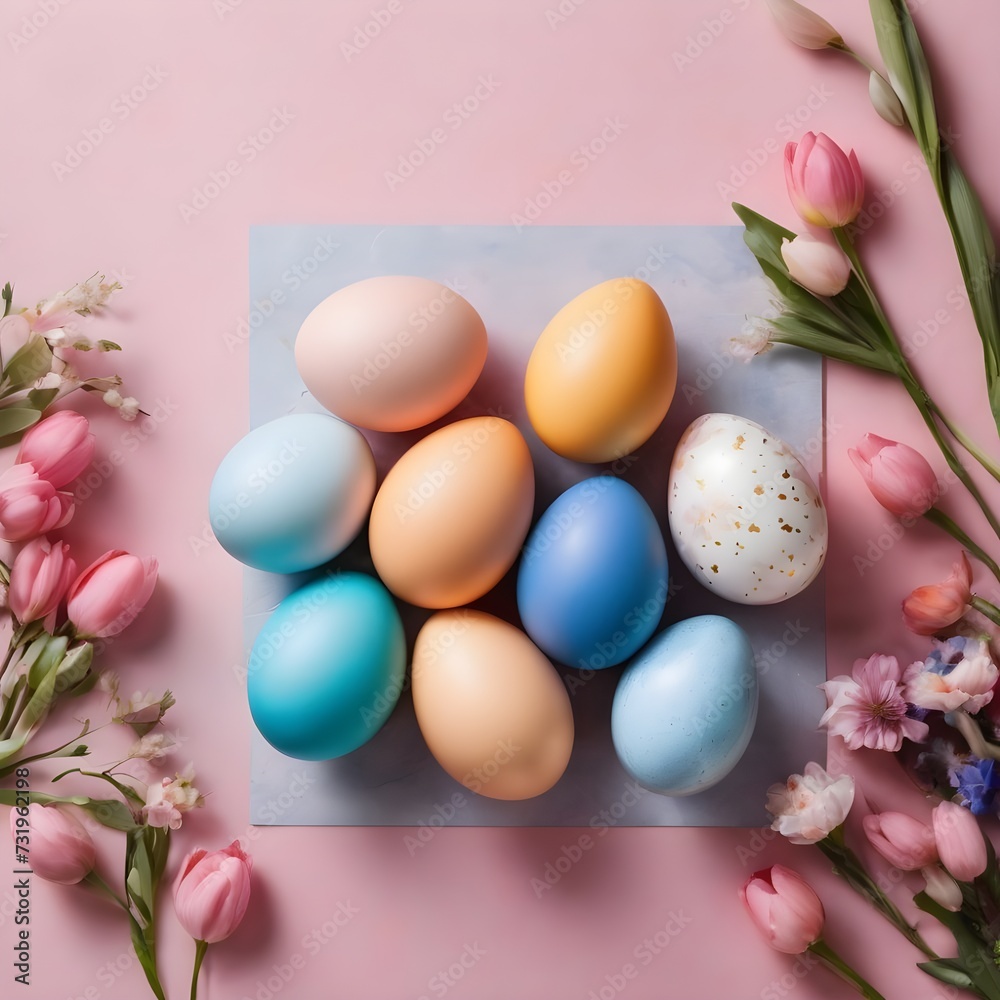 Stylish easter eggs and spring flowers border on pink paper flat lay, space for text. Modern natural dyed blue and marble easter eggs. Happy Easter. Greeting card template Stylish easter eggs and spring flowers border on pink paper flat lay, space for text. Modern natural dyed blue and marble easter eggs. Happy Easter. Greeting card template