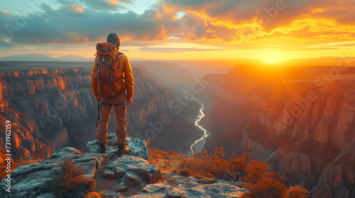 back view of a hiker with a heavy backpack, a man standing on the edge of a precipice overlooking a large rocky beautiful canyon at the bottom of which a small river flows, incredibly beautiful sky an