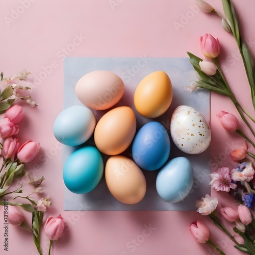 Stylish easter eggs and spring flowers border on pink paper flat lay, space for text. Modern natural dyed blue and marble easter eggs. Happy Easter. Greeting card template