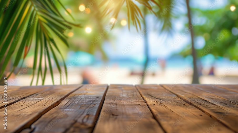 Empty wooden table and palm leaves with blur beach on background in summer time, can be used for product placement, generative ai