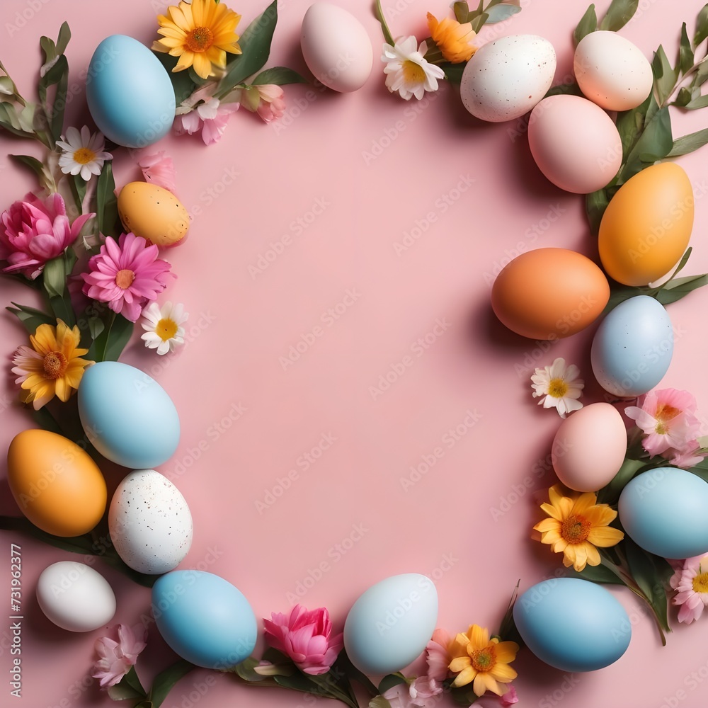 Stylish easter eggs and spring flowers border on pink paper flat lay, space for text. Modern natural dyed blue and marble easter eggs. Happy Easter. Greeting card template Stylish easter eggs and spring flowers border on pink paper flat lay, space for text. Modern natural dyed blue and marble easter eggs. Happy Easter. Greeting card template