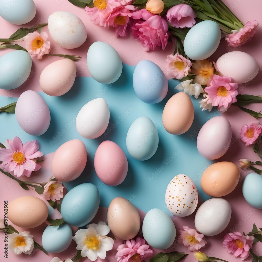 Stylish easter eggs and spring flowers border on pink paper flat lay, space for text. Modern natural dyed blue and marble easter eggs. Happy Easter. Greeting card template Stylish easter eggs and spring flowers border on pink paper flat lay, space for text. Modern natural dyed blue and marble easter eggs. Happy Easter. Greeting card template