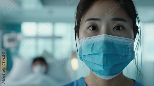 Experienced Chinese Head Nurse or Doctor Wearing Face Mask Uses Medical Touchscreen Computer to Check Patient's Medical Data in Hospital Setting