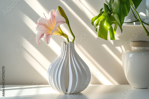 large white vase containing a flower with a white bas photo