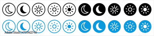 Dark and light modes, Day and night icon set. Screen modes icons collection. Screen brighteness or contrast level control symbols. Vector illustration.
