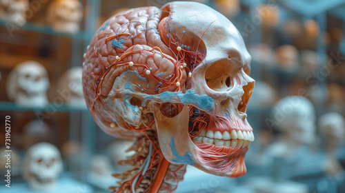 a beautiful  perfect human skull in close-up profile showing the brain and vessels and arteries in a well-lit room of a research center with many skulls on shelves