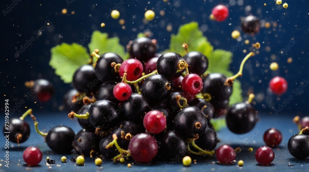 Levitation concept of fresh Blackcurrant with splashing on blurred blue background Levitation concept of fresh Blackcurrant with splashing on blurred blue background