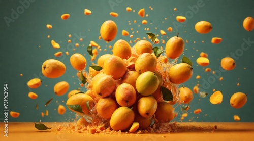 Levitation concept of fresh Mango with splashing on blurred background