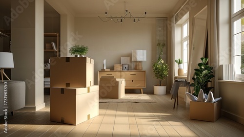 Moving house, relocation. New house, inside the room was a cardboard box containing personal belongings and furniture. move in the apartment or condominium. Generate by AI © pinkrabbit