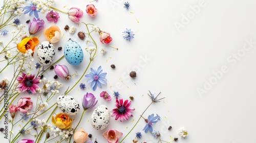easter eggs in nest on background, top view card with copy of place for text, easter design,Festive holiday, web posters, flyers, modern brochures, greet cards, cover. easter background, Generate AI