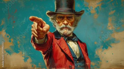 stylized image of uncle sam as an older serious man dressed in old-fashioned clothes and a top hat pointing his finger in front of him at the viewer photo