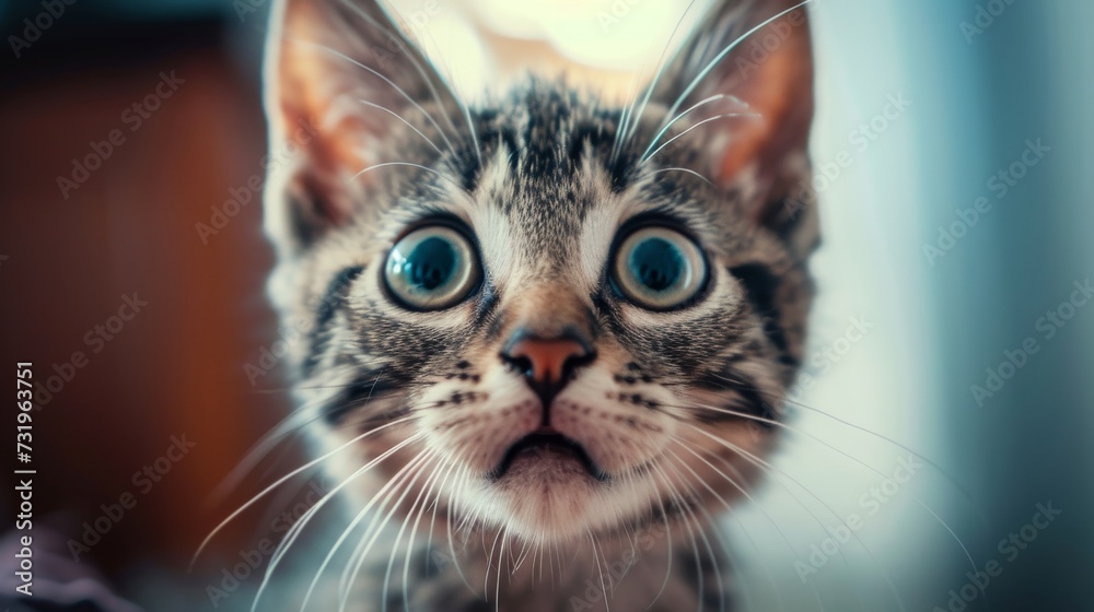 surprised cat make big eyes. American shorthair surprised cat or kitten funny face big eyes, cute, domestic, kitten, feline, Emotional surprised, kitty, wow
