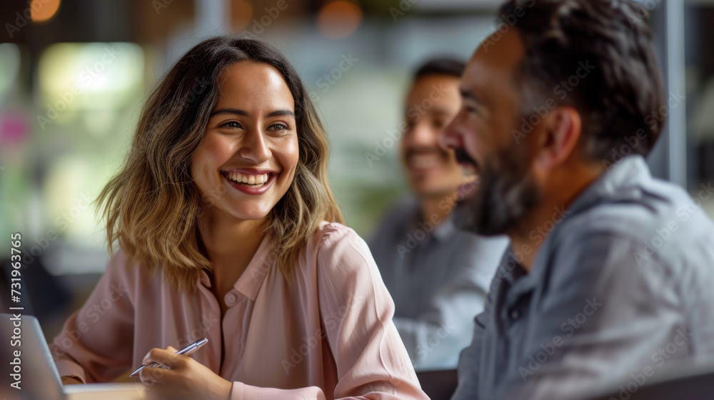 A smiling woman holding a pen is enjoying a light-hearted moment with her colleagues in a sunlit, modern office space. A smiling woman holding a pen is enjoying a light-hearted moment with her colleagues in a sunlit, modern office space.