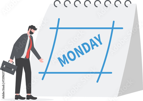 Monday blues, tired and fear of routine office work, depression or sadness worker, sleepy and frustrated on Monday morning, tired and sleepy businessman going to work with calendar showing Monday.

