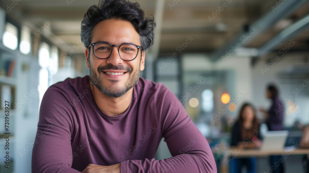Obraz premium A smiling man with glasses is sitting in a casual office setting, exuding confidence and satisfaction.
