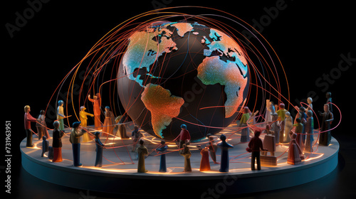 Global Connectivity: Diverse professionals collaborate around toy globe, symbolising innovation and teamwork in the digital age. Vibrant colours and dynamic lines evoke creativity & innovation