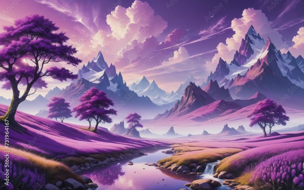 Dreamlike and surrealistic landscape wallpaper in purple tones - obrazy, fototapety, plakaty 