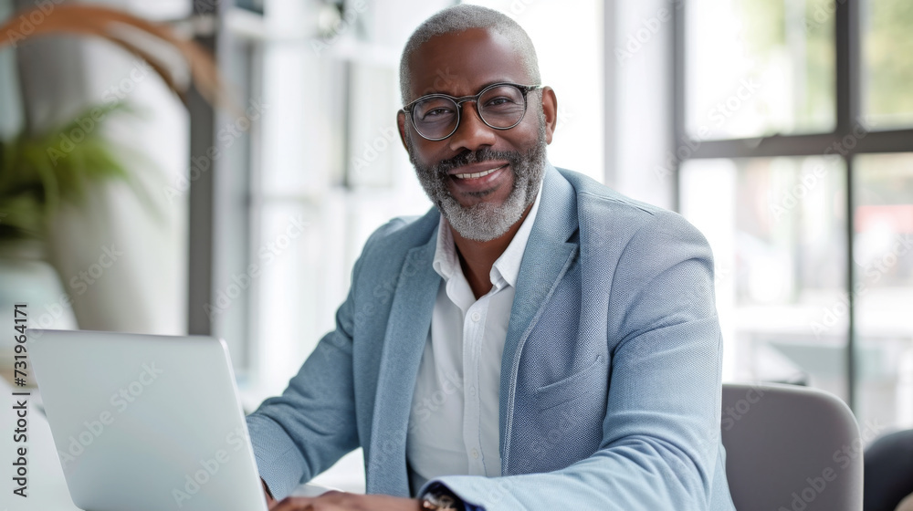 A professional in a light blue blazer is working on a laptop at a modern office desk, exuding confidence and satisfaction with their work. A professional in a light blue blazer is working on a laptop at a modern office desk, exuding confidence and satisfaction with their work.