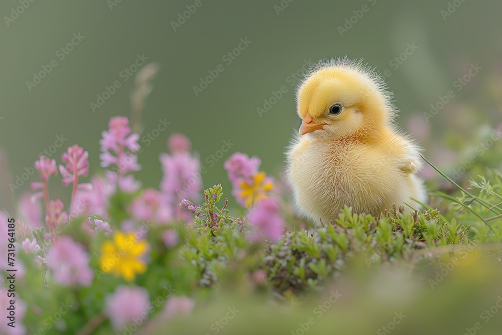 Chick in a Spring Meadow: A picturesque shot of a fluffy yellow chick exploring a lush, green meadow dotted with wildflowers. The chick's bright color contrasts with the natural beauty of the surround