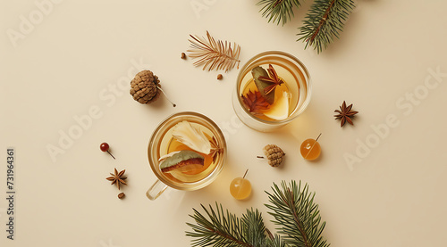 mulled herbal tea with acorns and pine leaves on a be