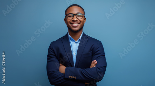 a person with a beaming smile, wearing glasses and a suit, standing with arms crossed against a soft blue background, looking confident and approachable