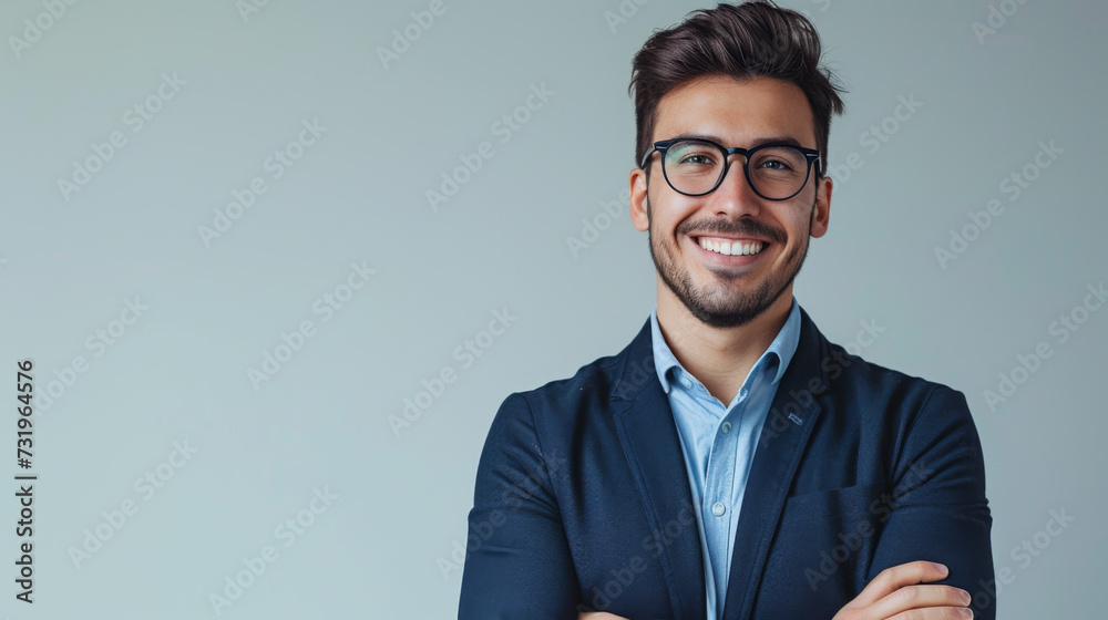 a smiling person with glasses and facial hair, wearing a suit jacket over a collared shirt, standing with arms crossed against a neutral background a smiling person with glasses and facial hair, wearing a suit jacket over a collared shirt, standing with arms crossed against a neutral background
