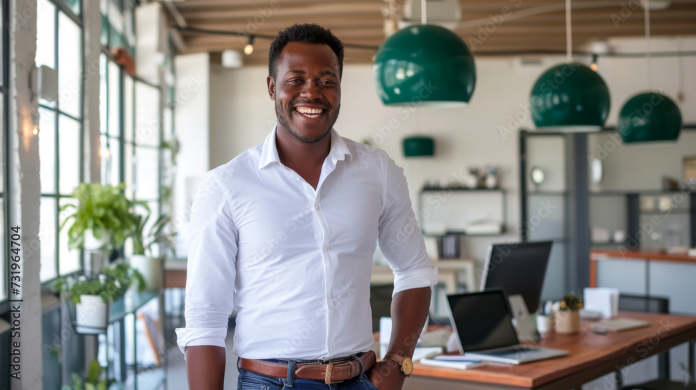A confident man stands with arms crossed in a modern office environment, embodying leadership and professionalism with his team in the background. A confident man stands with arms crossed in a modern office environment, embodying leadership and professionalism with his team in the background.