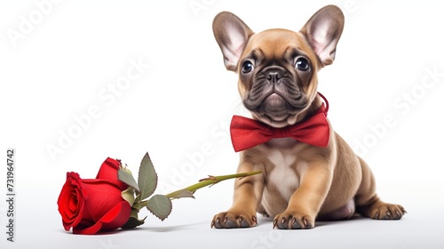 An adorable image featuring a Valentine puppy, a cute dog holding a red rose in its mouth as a heartwarming gift for Valentine's Day.  © Wajid