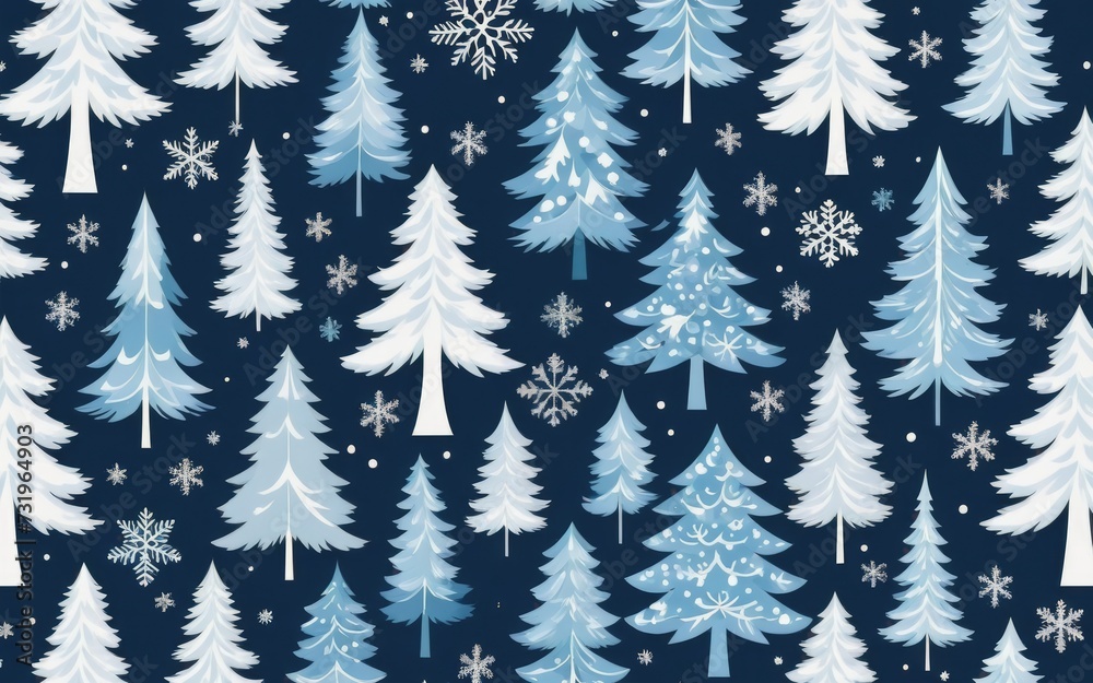 Flat christmas icon of christmas trees with seamless blue print happy new year winter holiday texture for printing paper design fabric decoration wrapping paper background vector illustration 