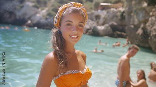 Young lady in color photograph, Tropea Beach, Italy, 1970s.