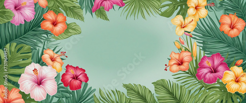 Colorful tropical summer flower empty circle frame copy space illustration. Hand drawn hibiscus floral background print. Spring season template, isolated jungle plant leaf art.	
